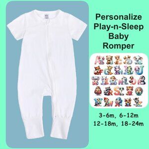CUTE MONOGRAM-BABY ROMPER-Short Sleeve Double Zipper Cotton White 4-Sizes Unisex
